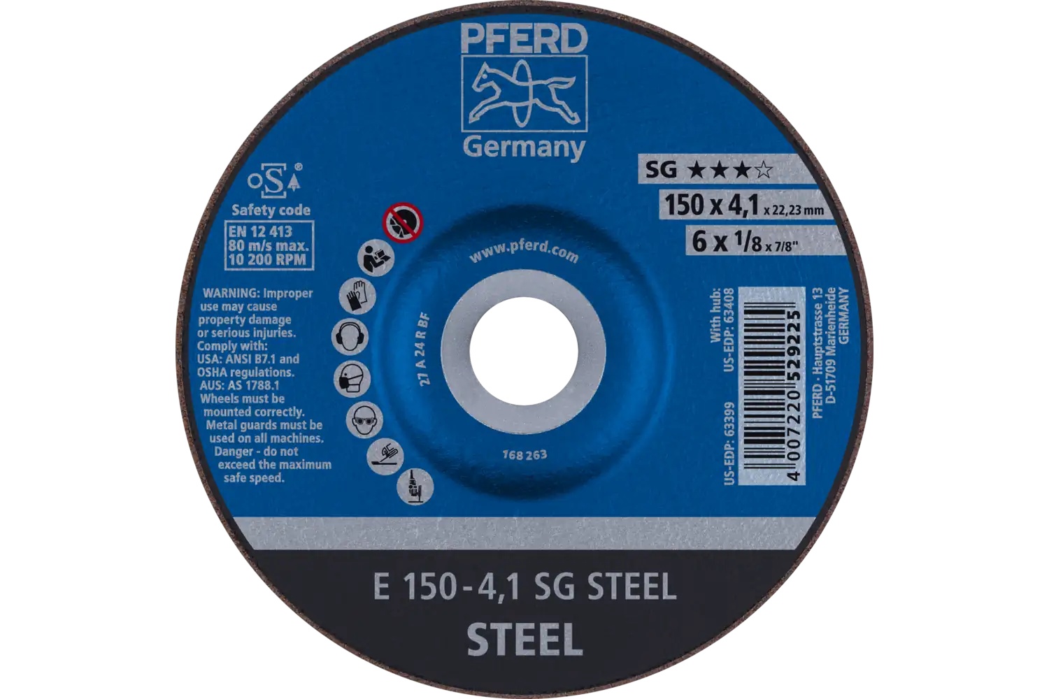 Picture of Pferd Grinding Wheel, 6" X 1/8 X 7/8, Sg Steel, T27, Aluminum Oxide